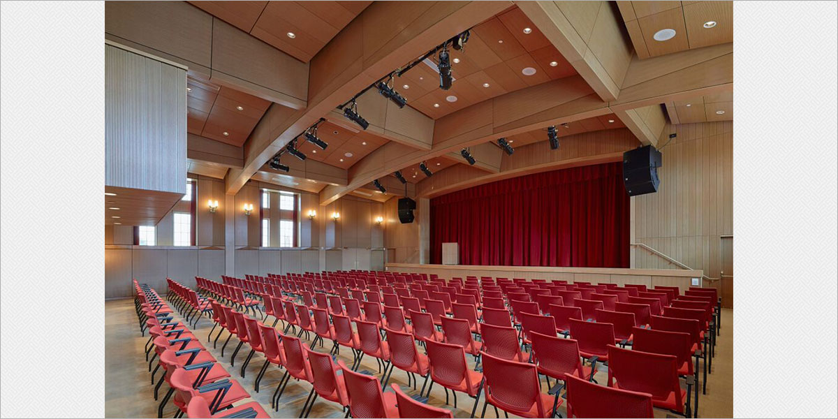 Custom brass sconces by Crenshaw Lighting in the theatre space.